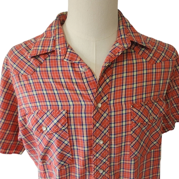 Vintage Wrangler Western Plaid Pearl Snap Shirt Short Sleeve - LT (Large Tall) - Picture 2 of 7